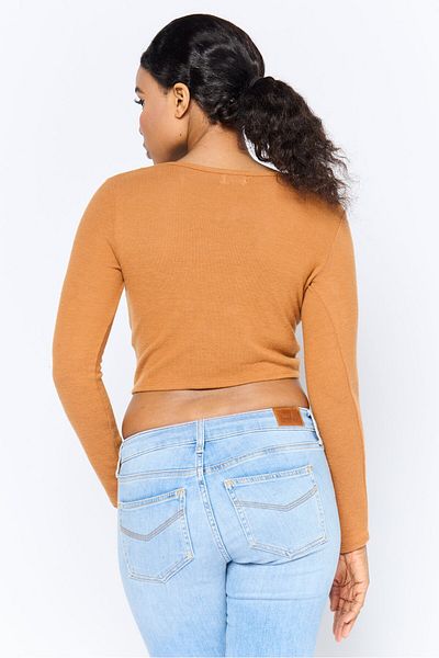 Poof Women Round Neck Long Sleeve Plain Crop Top, Rust
