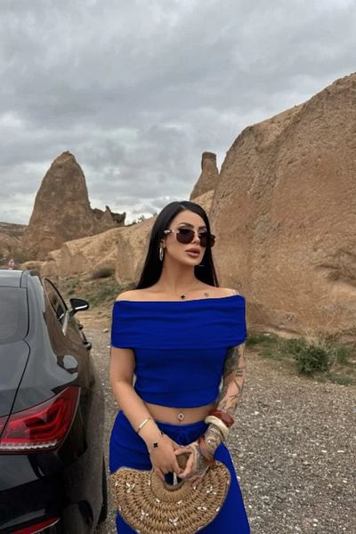 Siner Fashion Women's Blue Madonna Collar Blouse Loose Wide Leg Pants Bottom Top Set