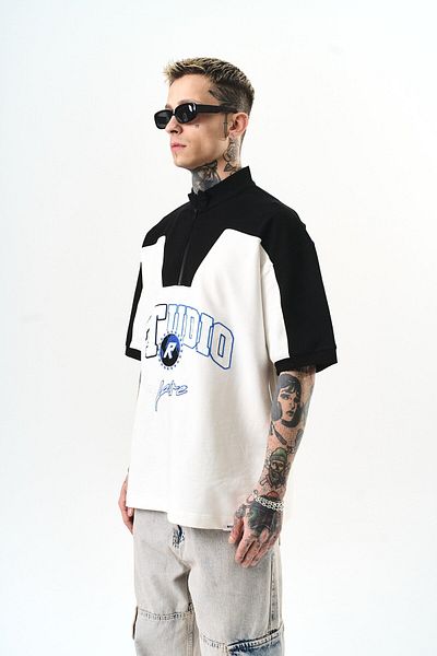 Respire Men's Studio Embroidered Half Zipper Oversize T-Shirt Ecru