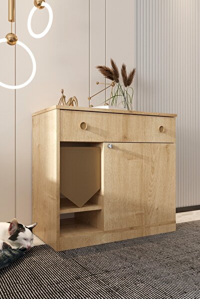 Mercie MONA Çekmeceli Ahşap Kedi Tuvaleti -kapağı Kilitli- Kumaş Dahil-kum Ka...