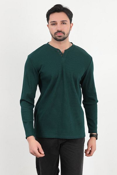 JB John Borners Men's V-Neck Button Detailed Textured Sweatshirt Dark Green - 5524