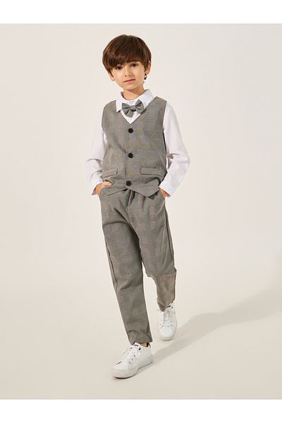 Styli Solid Long Sleeves Shirt, Checked Waistcoat and Pants Set with Bow Tie