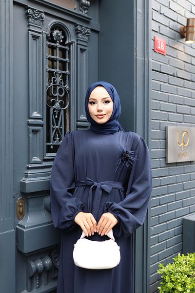 modessia ΓΥΝΑΙΚΕΙΟ Navy Blue Aerobic Collar Flower Detailed - Κομψό Μουσουλμανικό Φόρεμα που δένει στη μέση 0310