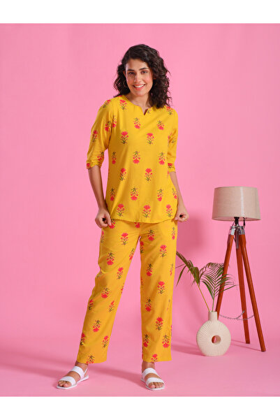 Sanskrutihomes By Styli Pure Cotton Printed Notch Neck Top and Pyjama Set