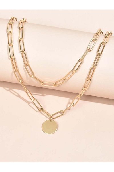 pullmarkt Gold Color Rectangular Chain Round Sequin Charm Layered Necklace