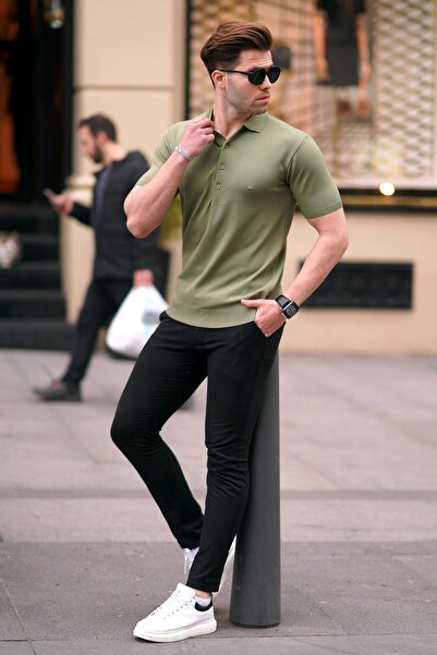 Madmext Ανδρικό μονόχρωμο μπλουζάκι ελαφρύ χακί γιακά πόλο 6878