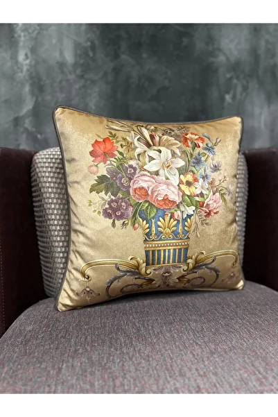 Fabricland غطاء وسادة من الحرير المخملي المستورد بنمط دمشقي بني فاتح مقاس 43 × 43 سم (جوانب مزدوجة)