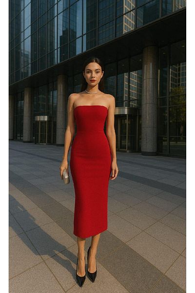 by eymen design Rochie maxi din jerseu de mătase roșie fără bretele Rochie de Anul Nou pentru femei