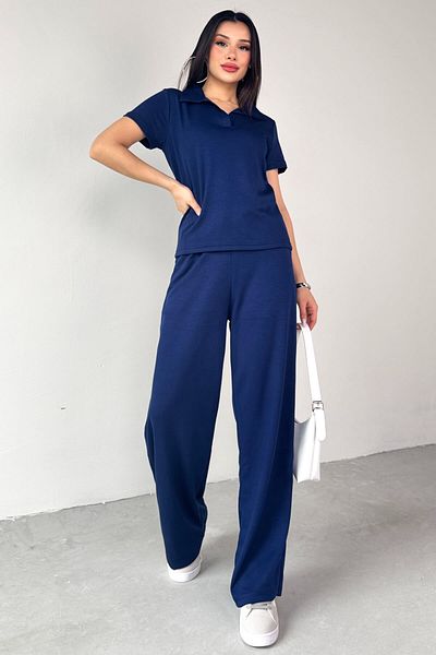 Cappmoda Tkm-03690 Navy Blue Polo Collar Blouse Loose Trousers Two Piece Set
