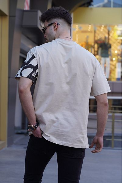 Madmext Beigefarbenes, gemustertes Overfit-T-Shirt für Herren 5811