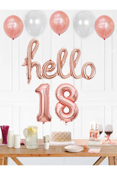 parti pera 18 Yaş Hello Folyo Balon Seti Yaş Rakam Folyo Balon Rose Gold Doğu...