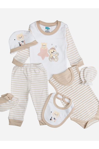 Babies Basic By Styli مجموعة من 7 قطع - بدلة قطنية، بلوزة، بنطال، صدرية، جوارب، قفاز وقبعة