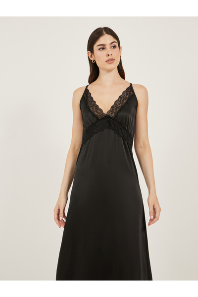 Styli Black Lace Trim Satin Slip Dress