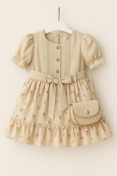 XORVİO Girl's Beige Floral Patterned Belted Buttoned Dress Short Sleeve Back Zipper Linen Dress