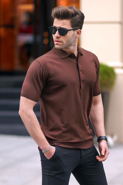 Madmext Braunes, einfarbiges T-Shirt mit Polokragen für Herren 6878
