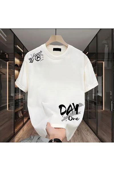 LAND MODA Heavyweight 100% Cotton Wide Round Neck Short Sleeve T-Shirt "Day One"
