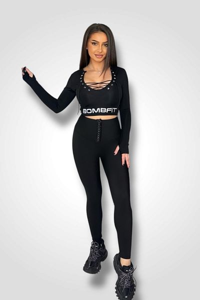 BOMBFIT Colanti Lace Up Black Premium Captusiti, textura mata, talie inalta