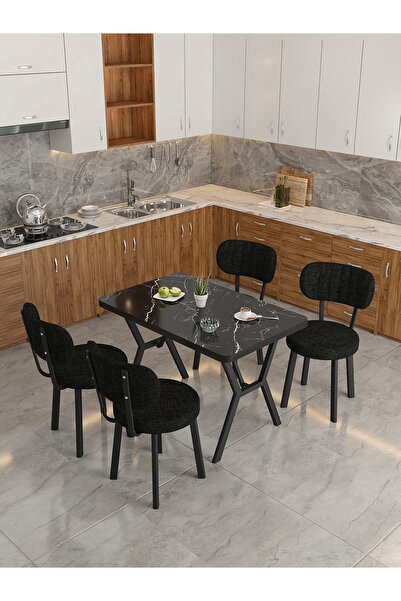Mygusi Azra 70x110cm Bendir Mutfak Masası, Mutfak Masası Takımı, Yemek Masası, 4 Siyah Sandalye