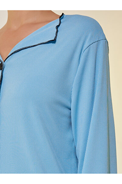 Styli Ribbed Contrast Trim Long Sleeve Shirt and Pyjama Set