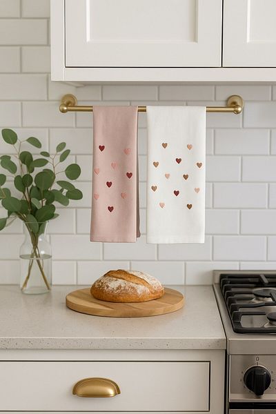 Arma House Set of 2 Pink & White Heart Embroidered Kitchen Towels 30X50 cm