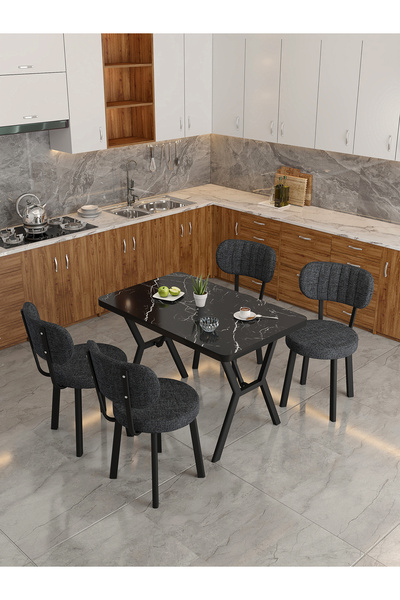 Mygusi Azra 70x110cm Bendir Mutfak Masası, Mutfak Masası Takımı, Yemek Masası, 4 Antrasit Sandalye