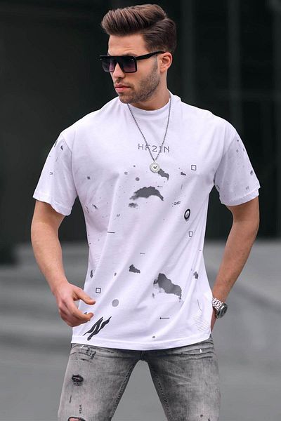 Madmext Weiß gemustertes Herren-T-Shirt mit Rundhalsausschnitt und normaler Passform 6115
