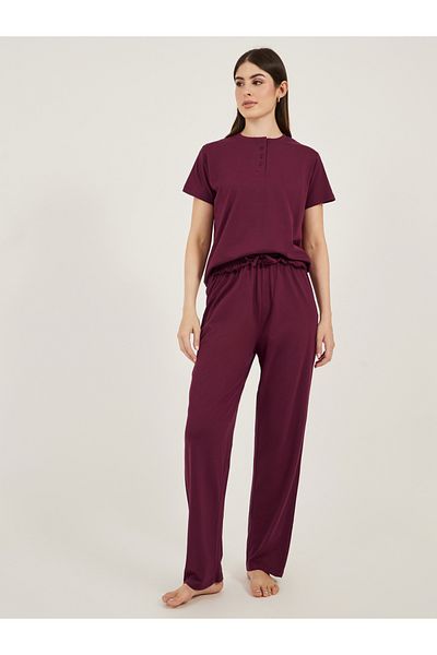 Styli Burgundy Knitted T-Shirt and Straight Pyjama Set for Women