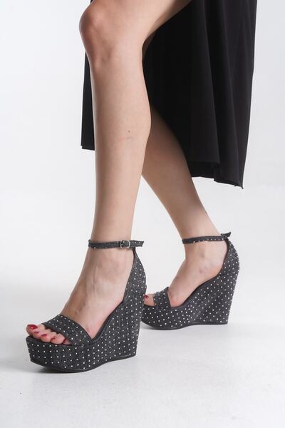 owwox club ميراندا؛ حذاء جينز أسود بكعب عريض 12 سم مزين بالأحجار