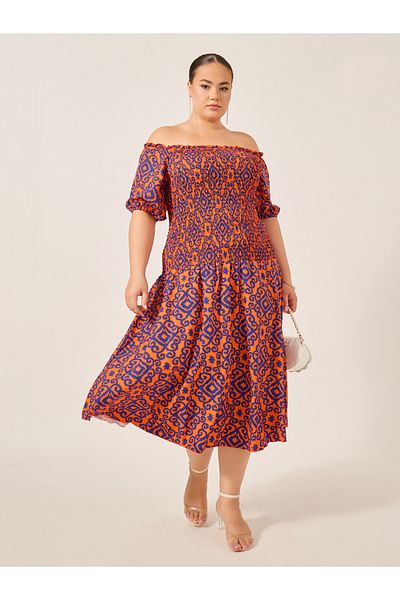 Styli Plus Size All-Over Printed Smocked A-Line Midi Dress