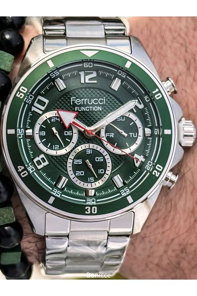 Ferrucci Silver - Green , Functions Active , Steel Cord , Vip Series Men Wristwatch Bracelet Gift