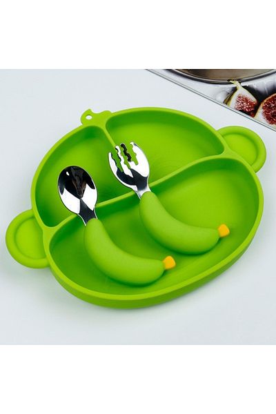 Empria Set de hrănire pentru bebeluși și copii, pentru stângaci sau dreptaci, farfurie din silicon și tacâmuri metalice, Verde