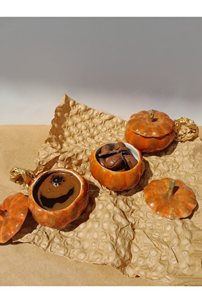 No8 Seramik Stüdyo Balkabağı 3'lü Fincan & Sunum Seti