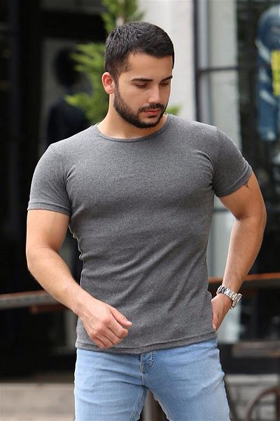 Madmext T-Shirt με λαιμόκοψη Anthracite Basic 4077