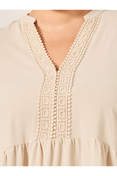 Styli Beige A-Line Mini Dress with Lace Detail