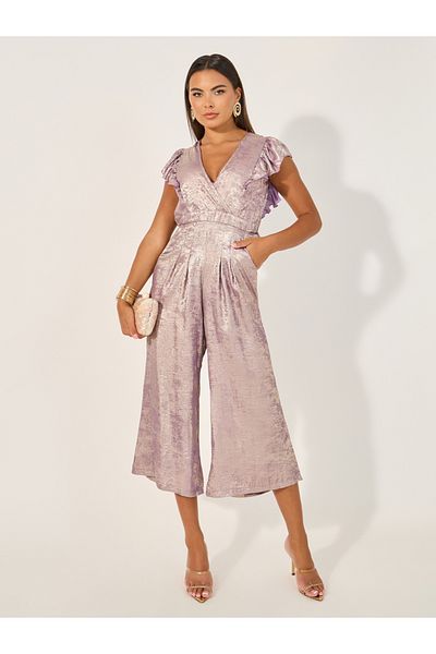 Styli Shimmer Ruffle Sleeves Wide Leg Jumpsuit