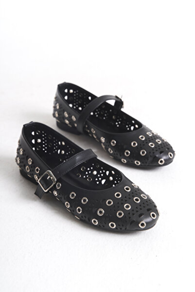 Redoxy Women's Special Design Black Ballerina Shoes with Staple Detail and Ankle Strap