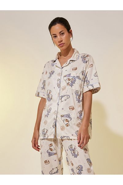 Styli Cartoon Printed Short Sleeve Shirt, Shorts and Pyjama Set