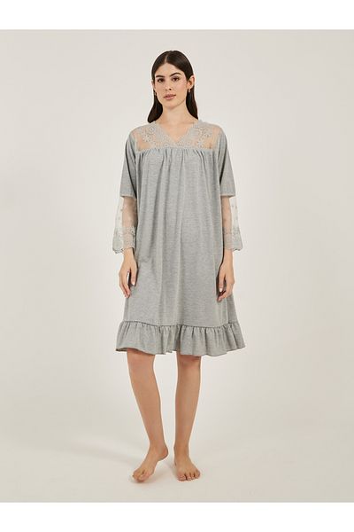 Styli Solid Ruffled Hem Nightdress with Lace Insert