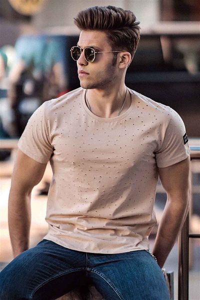 Madmext Σχισμένο λεπτομερές μπλουζάκι Camel 2883
