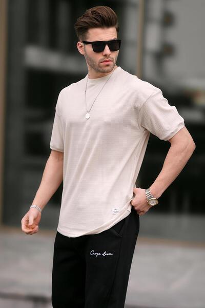 Madmext Μπεζ ανδρικό μπλουζάκι Basic Oversize 7012