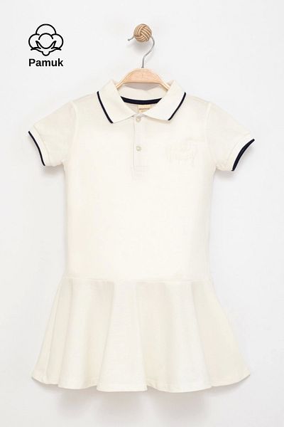 MK Mukko Kids Girl's Polo Neck Flared Ruffled Embroidered Cotton Summer Short Sleeve Dress