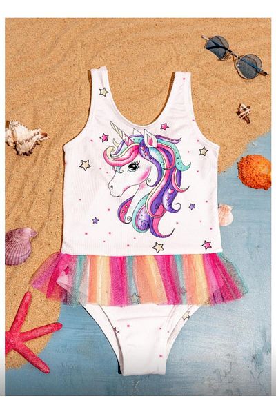 MİLAYS LİFE HOME COLLECTİON Girl's Uni̇Corn Printed Skirṫ Colorful Tulle Detailed Swimsuit
