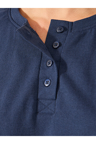 Styli Navy Blue Knitted Placket T-Shirt and Ruffled Waist Pajama Set