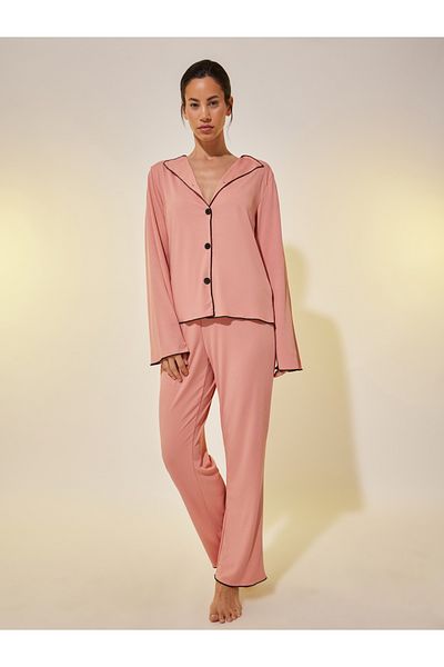 Styli Ribbed Contrast Trim Long Sleeve Shirt and Pyjama Set