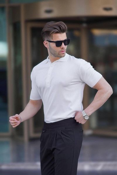 Madmext Weißes, einfarbiges T-Shirt mit Polokragen für Herren 6878