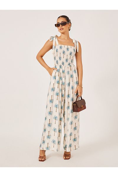 Styli Blue Palm Print Print Wide Leg Jumpsuit