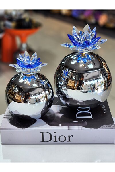 Armağan Nilüfer Cam Kristal Kutu 2li Set Silver Ve Mavi