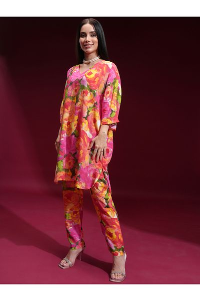 Vishudh By Styli Floral Printed V Neck Tunic and Trousers Co-Ords