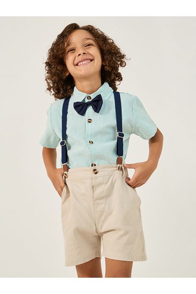Styli Collared Shirt with Bow, Shorts and Suspender