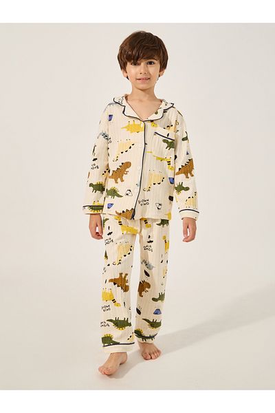 Styli All Over Dino Print Ribbed Shirt and Pyjama Pants Set